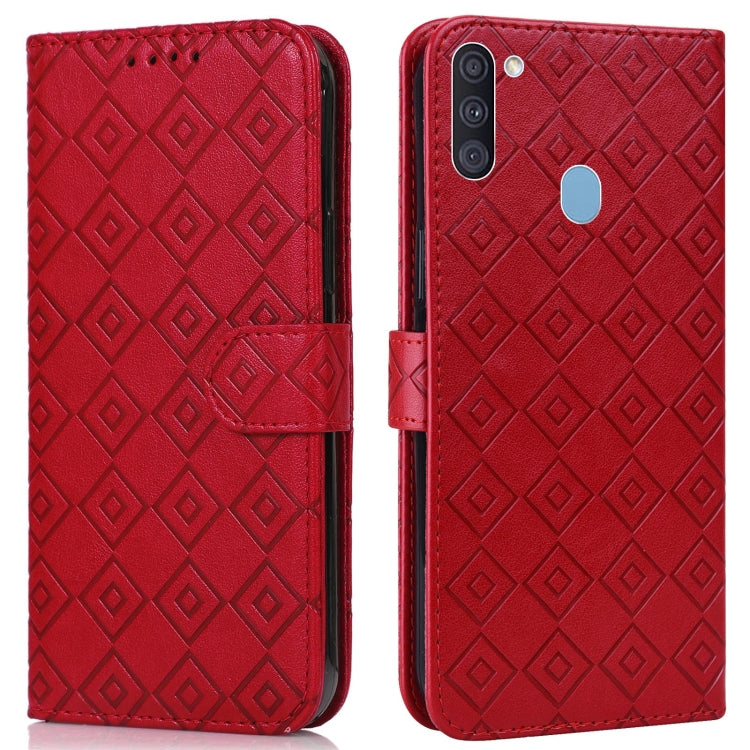 For Samsung Galaxy A11 / M11 Embossed Big Small Concentric Squares Pattern Horizontal Flip Leather Case with Card Slot & Holder & Wallet