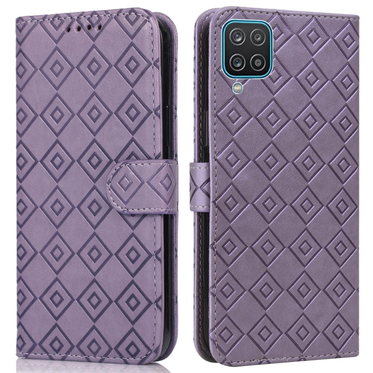 For Samsung Galaxy A12 5G Embossed Big Small Concentric Squares Pattern Horizontal Flip Leather Case with Card Slot & Holder & Wallet