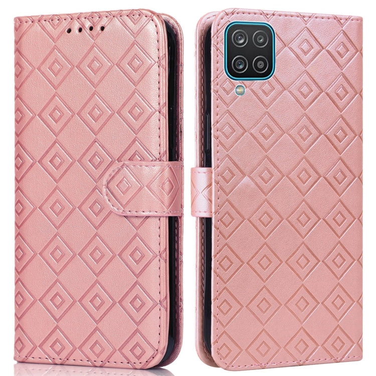 For Samsung Galaxy A12 5G Embossed Big Small Concentric Squares Pattern Horizontal Flip Leather Case with Card Slot & Holder & Wallet