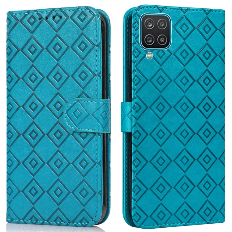 For Samsung Galaxy A12 5G Embossed Big Small Concentric Squares Pattern Horizontal Flip Leather Case with Card Slot & Holder & Wallet