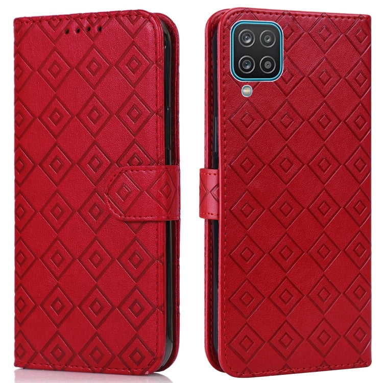 For Samsung Galaxy A12 5G Embossed Big Small Concentric Squares Pattern Horizontal Flip Leather Case with Card Slot & Holder & Wallet