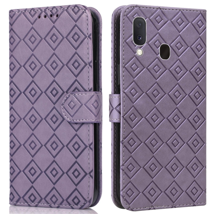 For Samsung Galaxy A20e Embossed Big Small Concentric Squares Pattern Horizontal Flip Leather Case with Card Slot & Holder & Wallet
