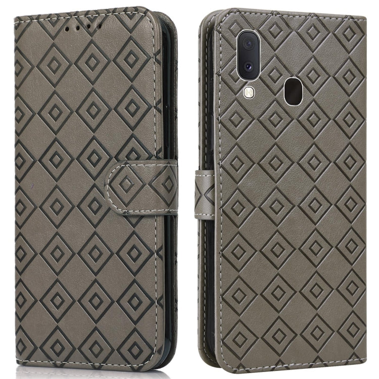 For Samsung Galaxy A20e Embossed Big Small Concentric Squares Pattern Horizontal Flip Leather Case with Card Slot & Holder & Wallet