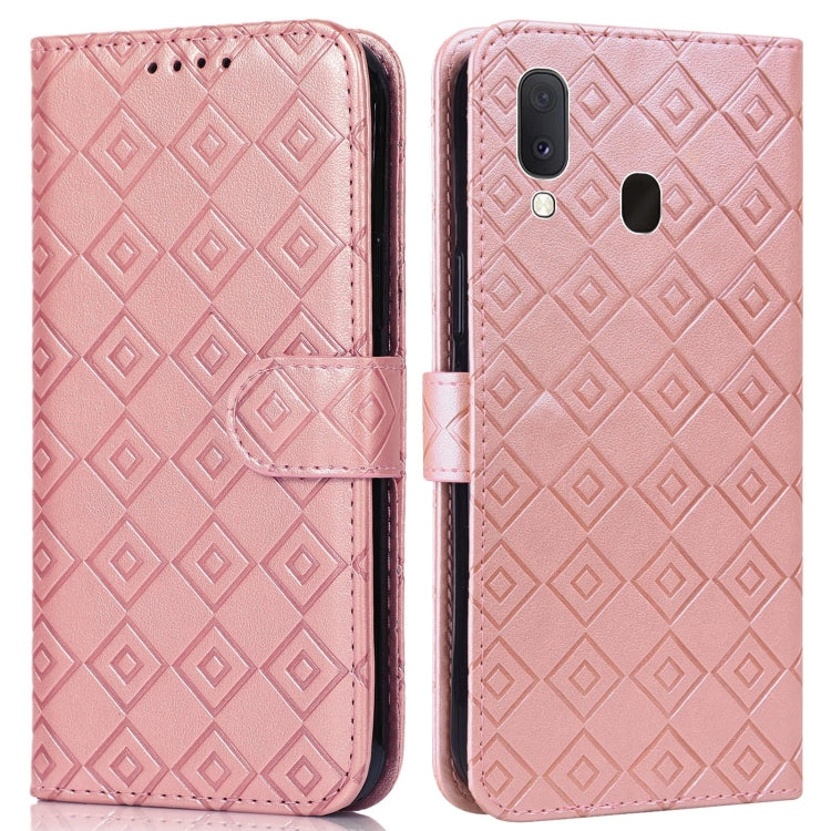For Samsung Galaxy A20e Embossed Big Small Concentric Squares Pattern Horizontal Flip Leather Case with Card Slot & Holder & Wallet