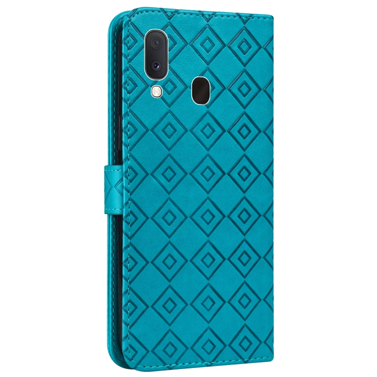 For Samsung Galaxy A20e Embossed Big Small Concentric Squares Pattern Horizontal Flip Leather Case with Card Slot & Holder & Wallet