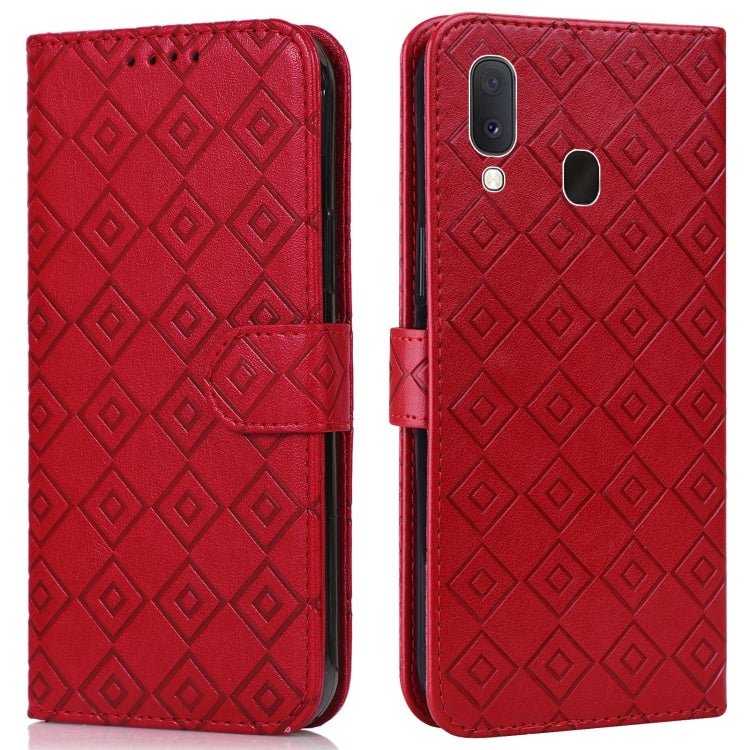 For Samsung Galaxy A20e Embossed Big Small Concentric Squares Pattern Horizontal Flip Leather Case with Card Slot & Holder & Wallet