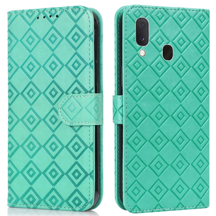 For Samsung Galaxy A20e Embossed Big Small Concentric Squares Pattern Horizontal Flip Leather Case with Card Slot & Holder & Wallet