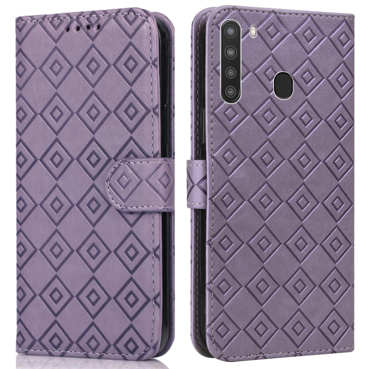 For Samsung Galaxy A21 Embossed Big Small Concentric Squares Pattern Horizontal Flip Leather Case with Card Slot & Holder & Wallet