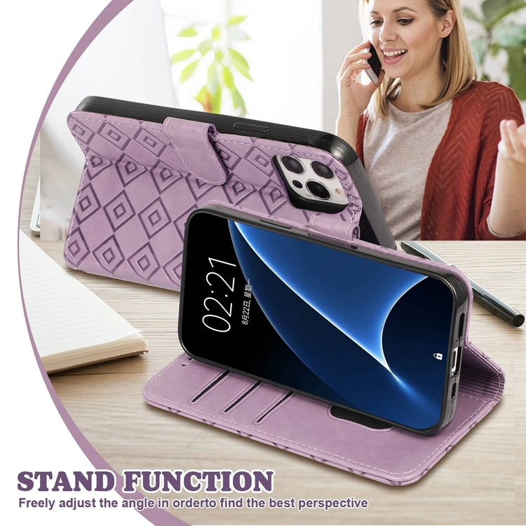 For Samsung Galaxy A21 Embossed Big Small Concentric Squares Pattern Horizontal Flip Leather Case with Card Slot & Holder & Wallet