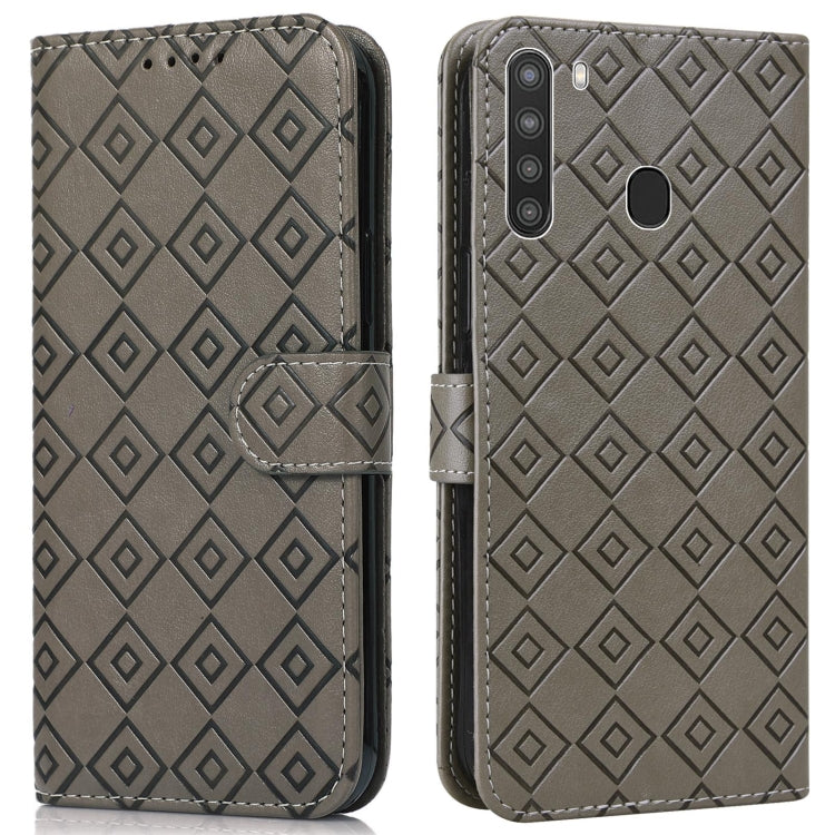 For Samsung Galaxy A21 Embossed Big Small Concentric Squares Pattern Horizontal Flip Leather Case with Card Slot & Holder & Wallet