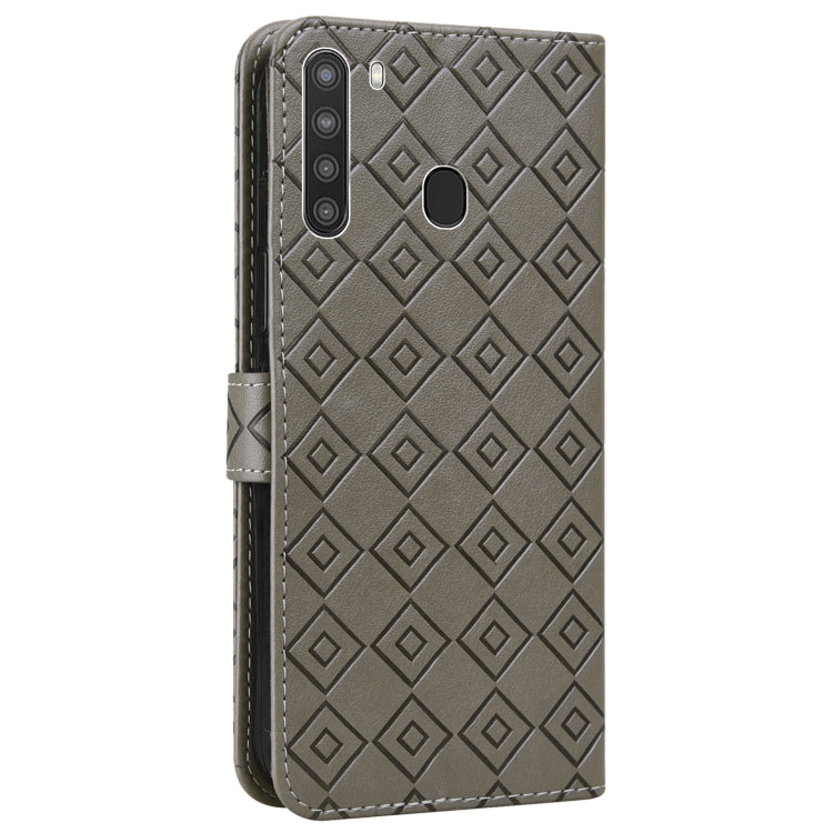 For Samsung Galaxy A21 Embossed Big Small Concentric Squares Pattern Horizontal Flip Leather Case with Card Slot & Holder & Wallet