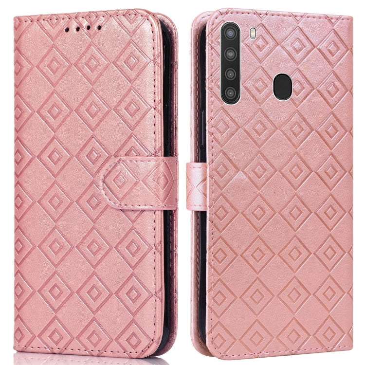 For Samsung Galaxy A21 Embossed Big Small Concentric Squares Pattern Horizontal Flip Leather Case with Card Slot & Holder & Wallet