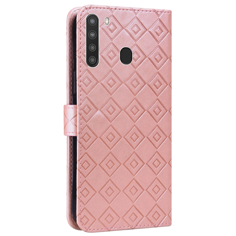 For Samsung Galaxy A21 Embossed Big Small Concentric Squares Pattern Horizontal Flip Leather Case with Card Slot & Holder & Wallet