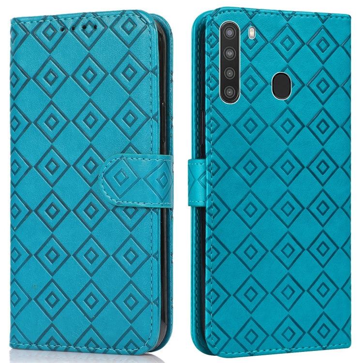 For Samsung Galaxy A21 Embossed Big Small Concentric Squares Pattern Horizontal Flip Leather Case with Card Slot & Holder & Wallet