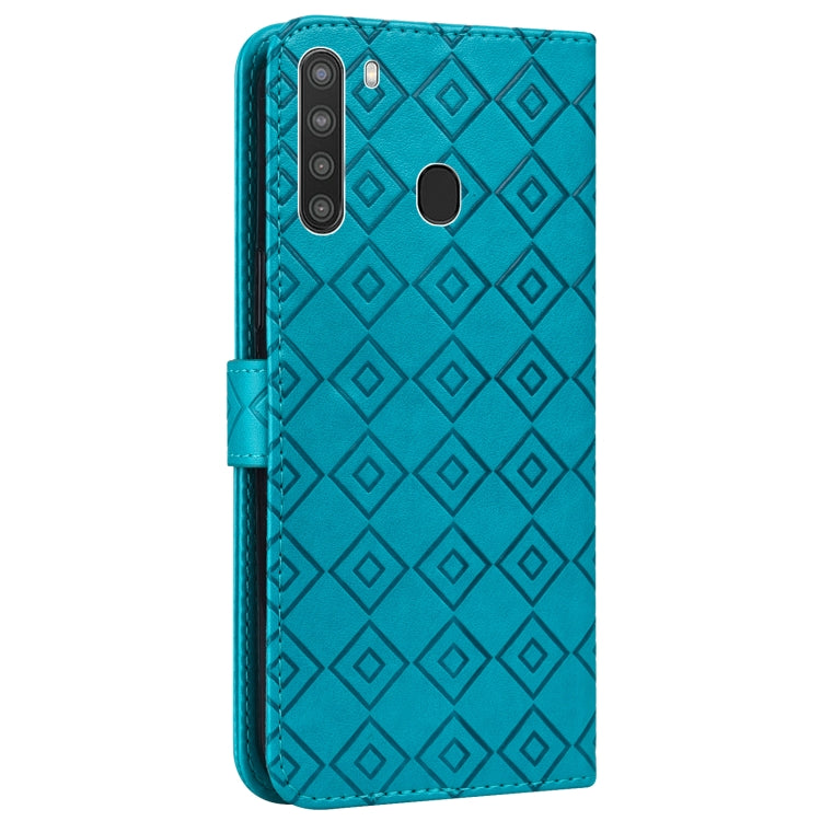 For Samsung Galaxy A21 Embossed Big Small Concentric Squares Pattern Horizontal Flip Leather Case with Card Slot & Holder & Wallet