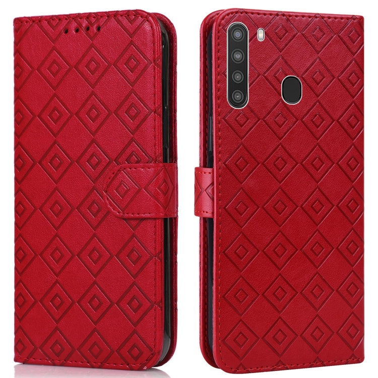 For Samsung Galaxy A21 Embossed Big Small Concentric Squares Pattern Horizontal Flip Leather Case with Card Slot & Holder & Wallet