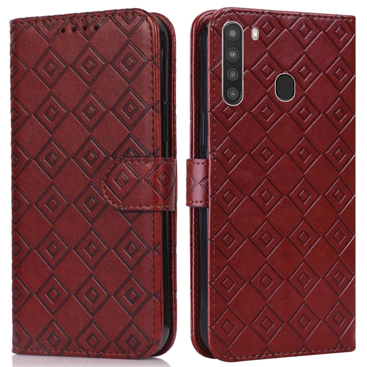 For Samsung Galaxy A21 Embossed Big Small Concentric Squares Pattern Horizontal Flip Leather Case with Card Slot & Holder & Wallet