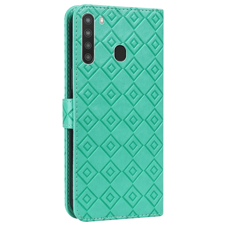 For Samsung Galaxy A21 Embossed Big Small Concentric Squares Pattern Horizontal Flip Leather Case with Card Slot & Holder & Wallet