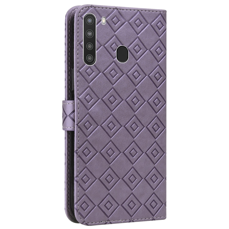 For Samsung Galaxy A21 US Version Embossed Big Small Concentric Squares Pattern Horizontal Flip Leather Case with Card Slot & Holder & Wallet