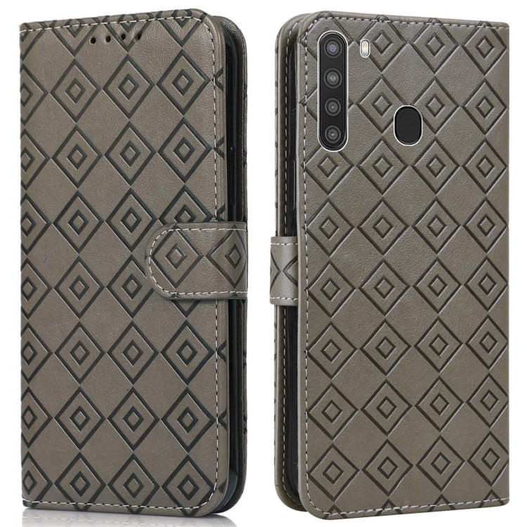 For Samsung Galaxy A21 US Version Embossed Big Small Concentric Squares Pattern Horizontal Flip Leather Case with Card Slot & Holder & Wallet