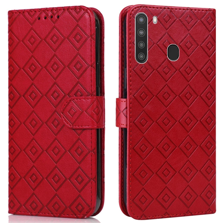 For Samsung Galaxy A21 US Version Embossed Big Small Concentric Squares Pattern Horizontal Flip Leather Case with Card Slot & Holder & Wallet