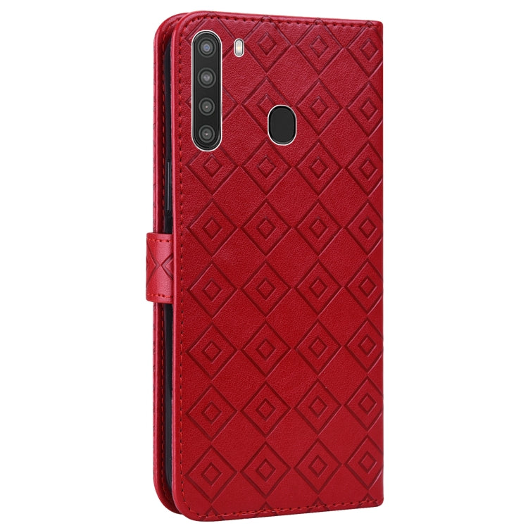 For Samsung Galaxy A21 US Version Embossed Big Small Concentric Squares Pattern Horizontal Flip Leather Case with Card Slot & Holder & Wallet