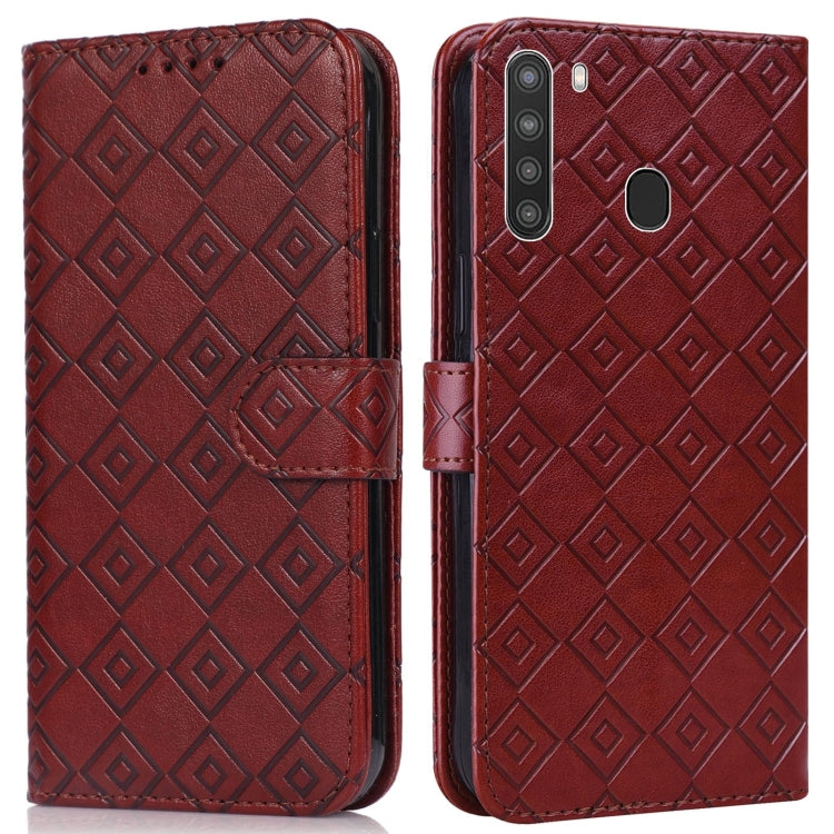 For Samsung Galaxy A21 US Version Embossed Big Small Concentric Squares Pattern Horizontal Flip Leather Case with Card Slot & Holder & Wallet