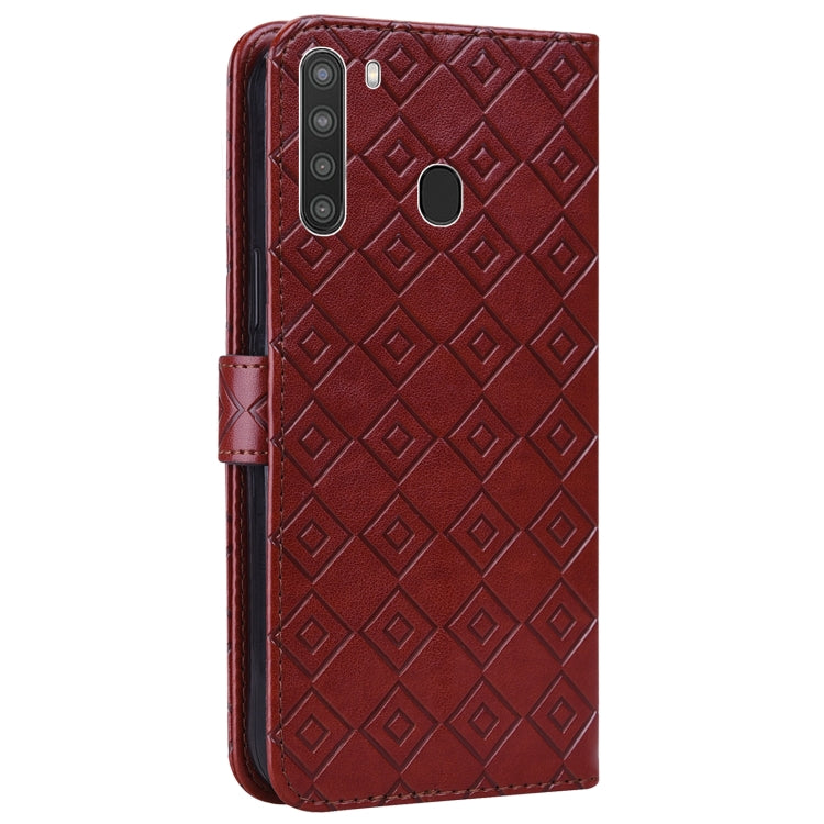 For Samsung Galaxy A21 US Version Embossed Big Small Concentric Squares Pattern Horizontal Flip Leather Case with Card Slot & Holder & Wallet
