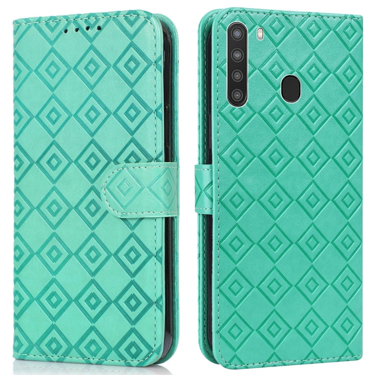 For Samsung Galaxy A21 US Version Embossed Big Small Concentric Squares Pattern Horizontal Flip Leather Case with Card Slot & Holder & Wallet