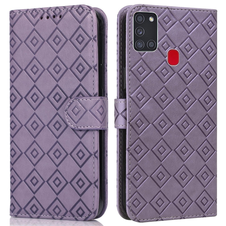 For Samsung Galaxy A21s Embossed Big Small Concentric Squares Pattern Horizontal Flip Leather Case with Card Slot & Holder & Wallet