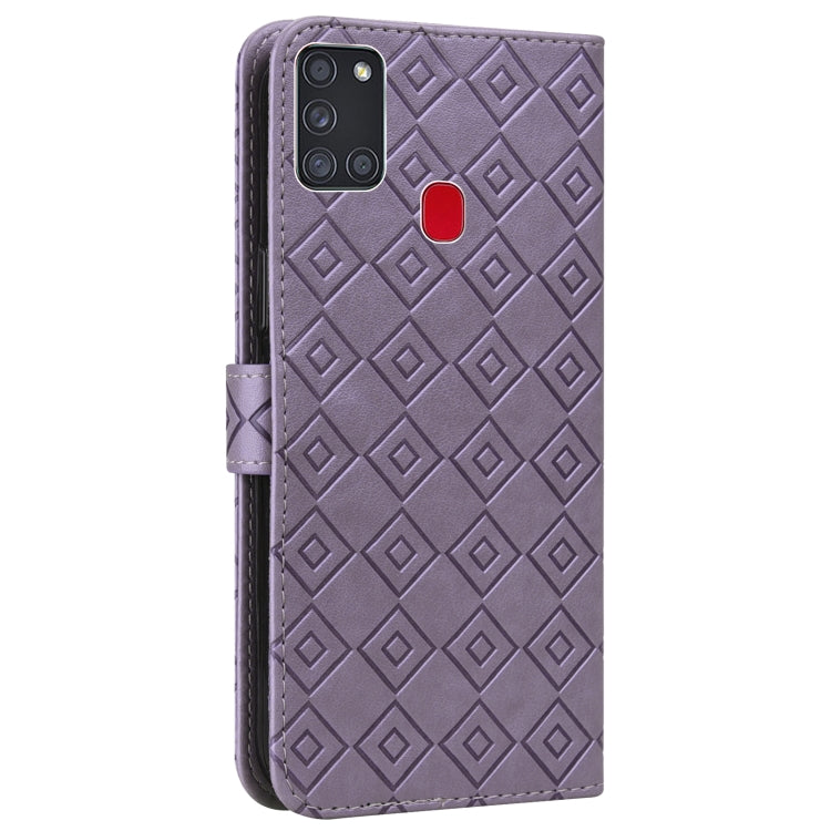 For Samsung Galaxy A21s Embossed Big Small Concentric Squares Pattern Horizontal Flip Leather Case with Card Slot & Holder & Wallet