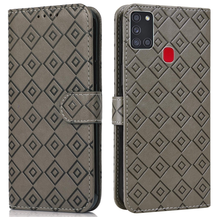 For Samsung Galaxy A21s Embossed Big Small Concentric Squares Pattern Horizontal Flip Leather Case with Card Slot & Holder & Wallet