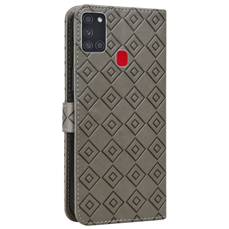 For Samsung Galaxy A21s Embossed Big Small Concentric Squares Pattern Horizontal Flip Leather Case with Card Slot & Holder & Wallet