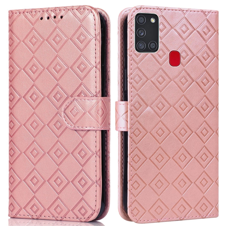 For Samsung Galaxy A21s Embossed Big Small Concentric Squares Pattern Horizontal Flip Leather Case with Card Slot & Holder & Wallet