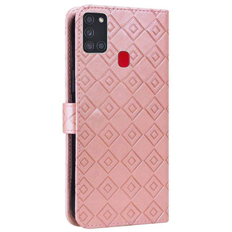 For Samsung Galaxy A21s Embossed Big Small Concentric Squares Pattern Horizontal Flip Leather Case with Card Slot & Holder & Wallet