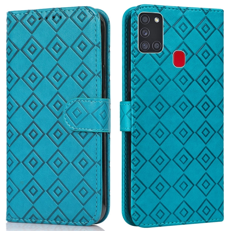 For Samsung Galaxy A21s Embossed Big Small Concentric Squares Pattern Horizontal Flip Leather Case with Card Slot & Holder & Wallet