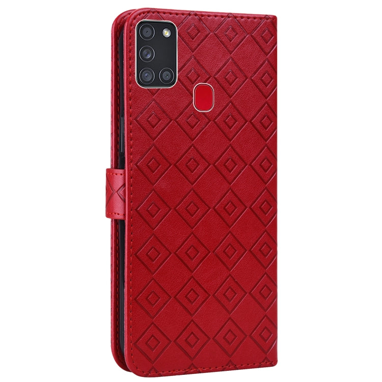 For Samsung Galaxy A21s Embossed Big Small Concentric Squares Pattern Horizontal Flip Leather Case with Card Slot & Holder & Wallet