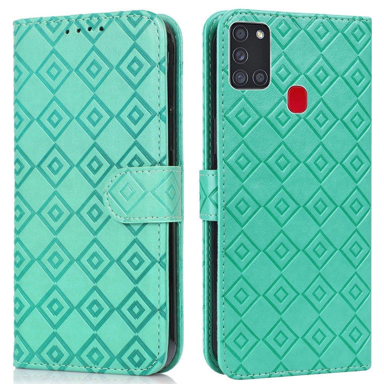 For Samsung Galaxy A21s Embossed Big Small Concentric Squares Pattern Horizontal Flip Leather Case with Card Slot & Holder & Wallet