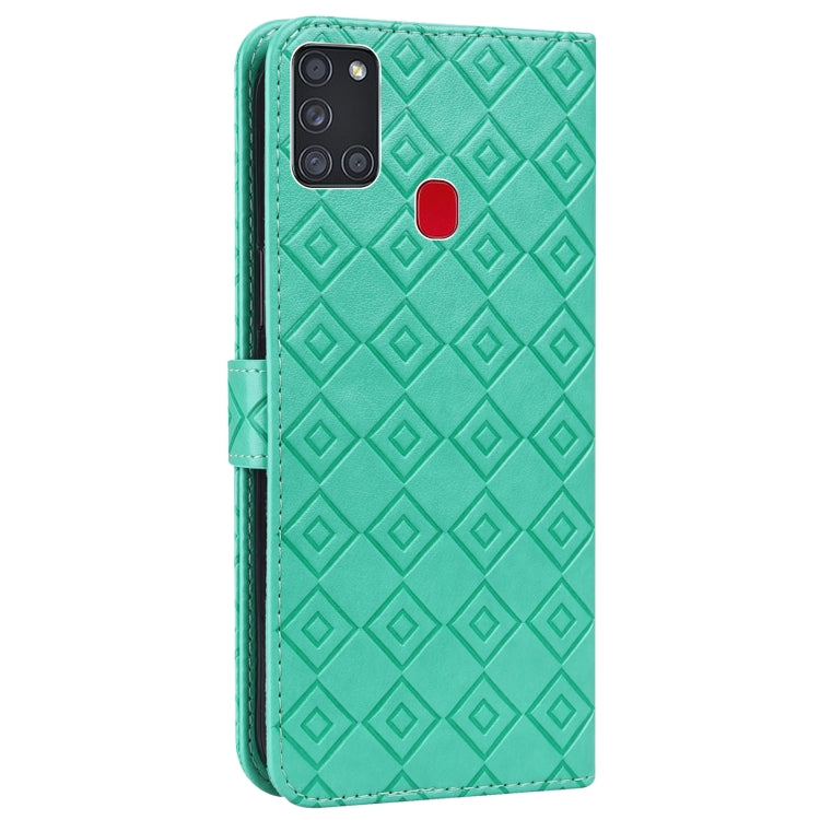 For Samsung Galaxy A21s Embossed Big Small Concentric Squares Pattern Horizontal Flip Leather Case with Card Slot & Holder & Wallet