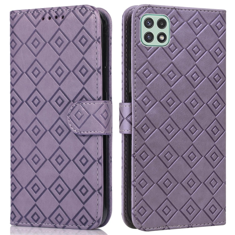 For Samsung Galaxy A22 5G Embossed Big Small Concentric Squares Pattern Horizontal Flip Leather Case with Card Slot & Holder & Wallet