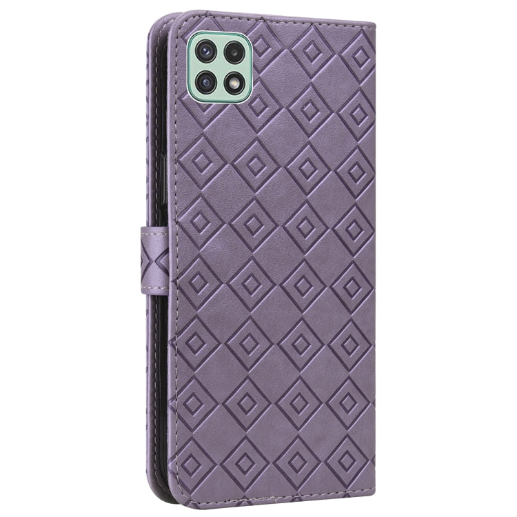 For Samsung Galaxy A22 5G Embossed Big Small Concentric Squares Pattern Horizontal Flip Leather Case with Card Slot & Holder & Wallet