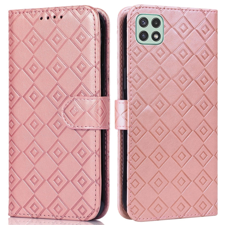 For Samsung Galaxy A22 5G Embossed Big Small Concentric Squares Pattern Horizontal Flip Leather Case with Card Slot & Holder & Wallet