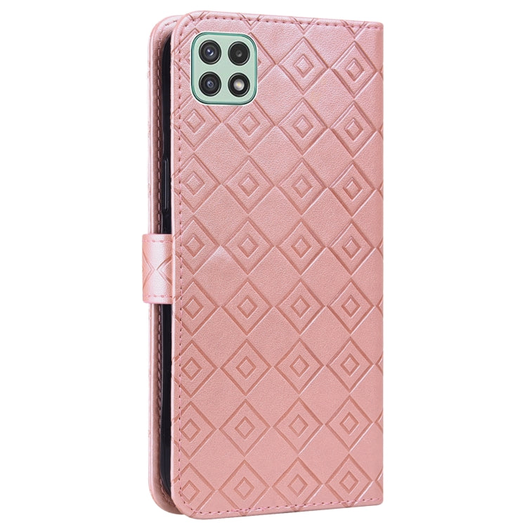 For Samsung Galaxy A22 5G Embossed Big Small Concentric Squares Pattern Horizontal Flip Leather Case with Card Slot & Holder & Wallet