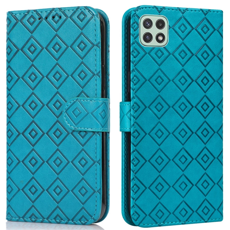 For Samsung Galaxy A22 5G Embossed Big Small Concentric Squares Pattern Horizontal Flip Leather Case with Card Slot & Holder & Wallet