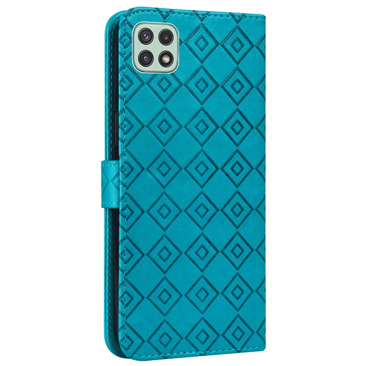 For Samsung Galaxy A22 5G Embossed Big Small Concentric Squares Pattern Horizontal Flip Leather Case with Card Slot & Holder & Wallet