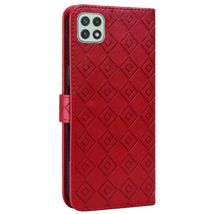 For Samsung Galaxy A22 5G Embossed Big Small Concentric Squares Pattern Horizontal Flip Leather Case with Card Slot & Holder & Wallet