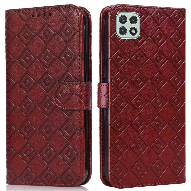 For Samsung Galaxy A22 5G Embossed Big Small Concentric Squares Pattern Horizontal Flip Leather Case with Card Slot & Holder & Wallet