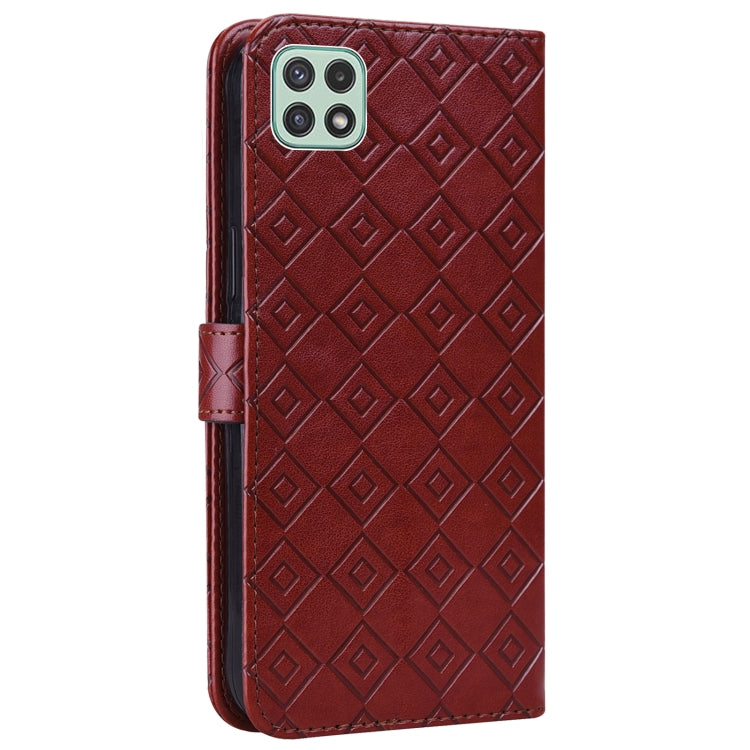 For Samsung Galaxy A22 5G Embossed Big Small Concentric Squares Pattern Horizontal Flip Leather Case with Card Slot & Holder & Wallet