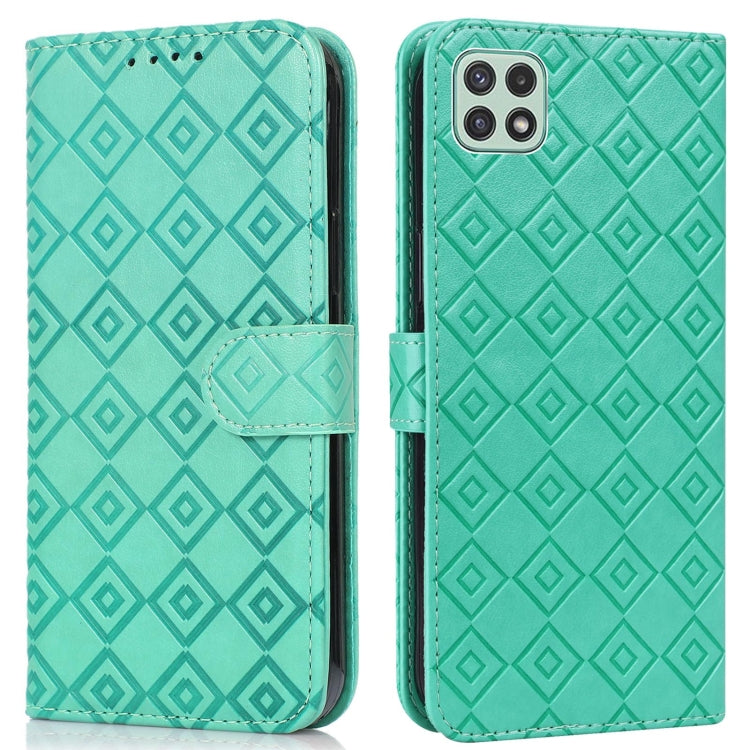 For Samsung Galaxy A22 5G Embossed Big Small Concentric Squares Pattern Horizontal Flip Leather Case with Card Slot & Holder & Wallet