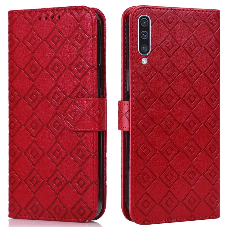 For Samsung Galaxy A30s EU Version Embossed Big Small Concentric Squares Pattern Horizontal Flip Leather Case with Card Slot & Holder & Wallet